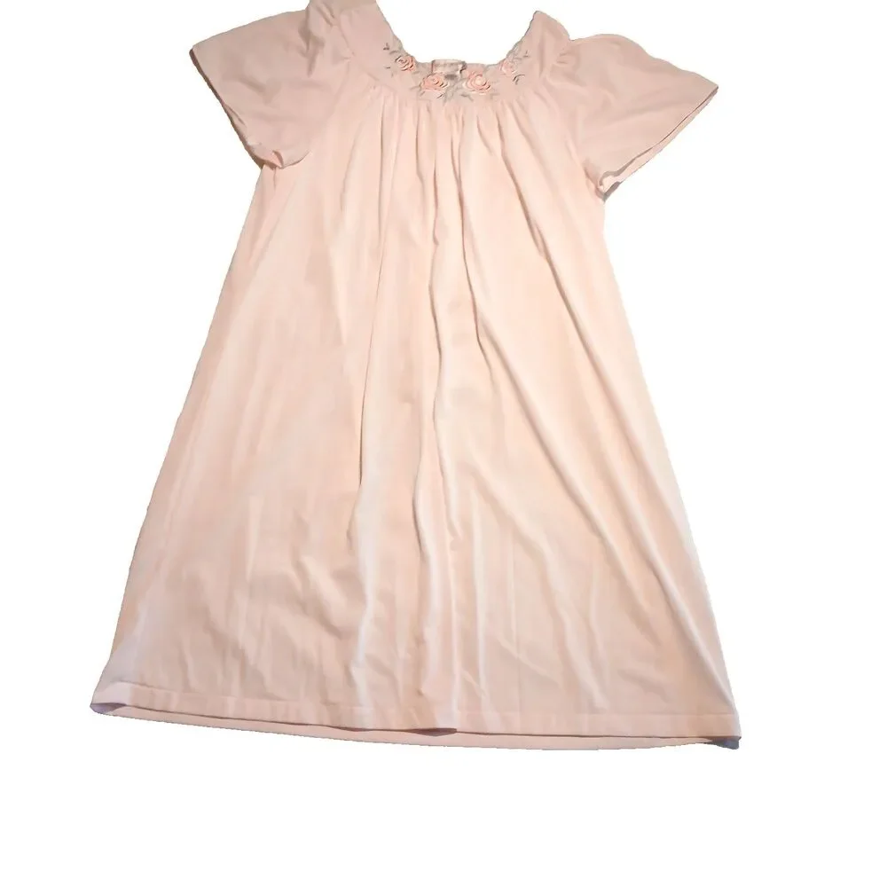 Vtg Shadowline Pink Nightgown & Robe Women’s Embroidery Trim Floral Nylon Size L